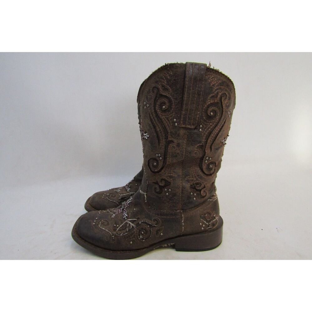 Roper Brand Youth Size 11 M Brown Inlay Cross Studded Cowboy Boots
